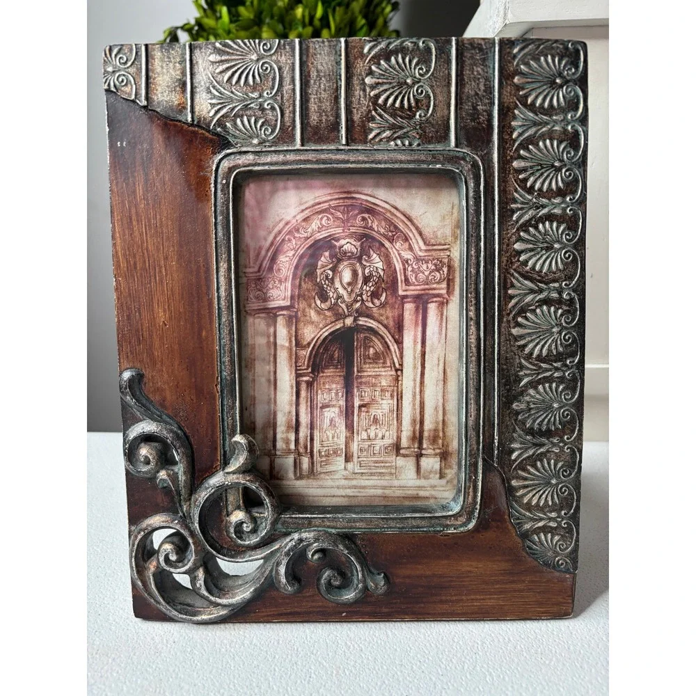 Ornate Heavy Picture Frame 4x6 Brown Silver Baroque Tabletop Scroll